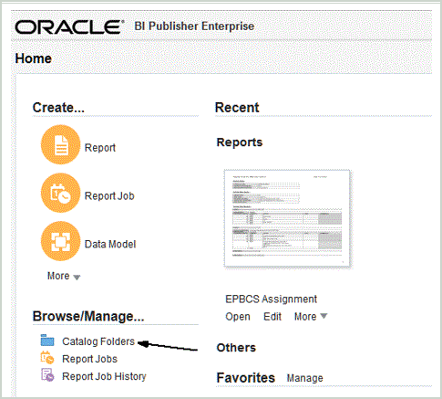 Schermata della home page di BI Publisher Enterprise