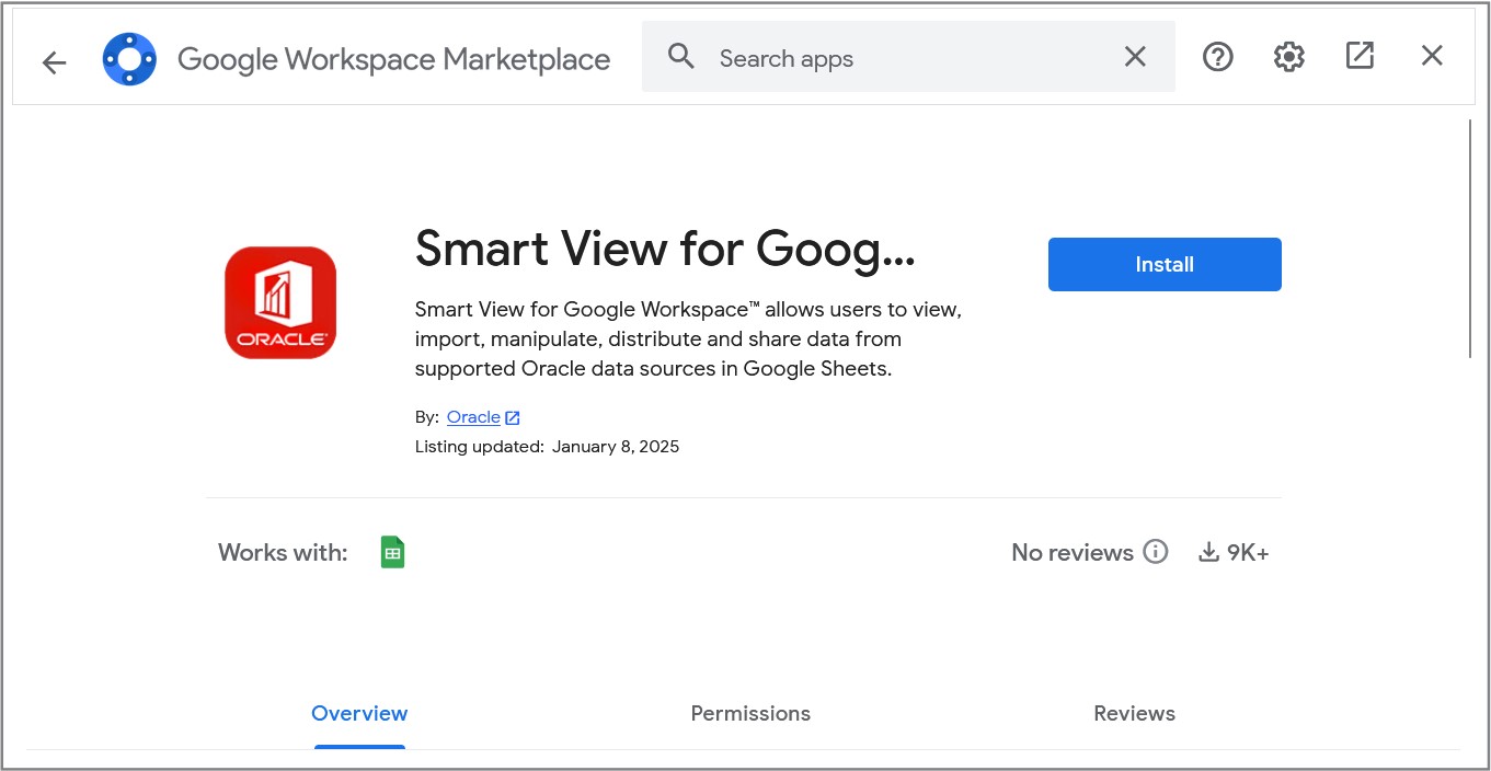 Visualizza il pulsante Installa nella scheda pagina Smart View for Google Workspace. Visualizza il pulsante Installa nella scheda pagina Smart View for Google Workspace.