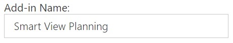 Campo Nome add-in del file manifest, in cui è visualizzato il nome modificato, Smart View Planning. Viene mostrata anche la casella di controllo Includi supporto funzioni, non selezionata.