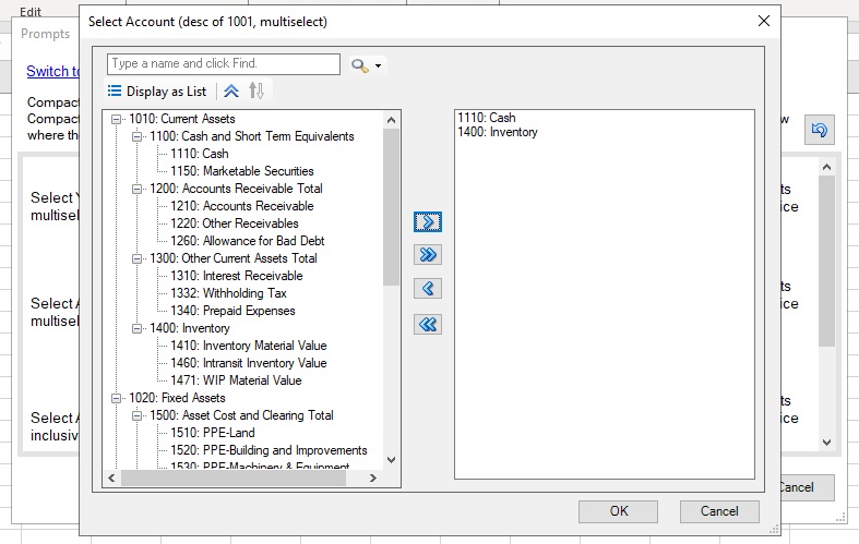 Finestra di dialogo per la selezione dei membri con l'elenco di scelte predefinito visualizzato in formato gerarchico Finestra di dialogo per la selezione dei membri con l'elenco di scelte predefinito visualizzato in formato gerarchico