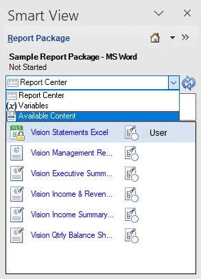 Pannello Package report che mostra il menu a discesa con l'opzione Contenuto disponibile selezionata