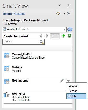 Pannello Contenuto disponibile con l'opzione Elimina del menu Altre azioni evidenziata per un contenuto disponibile selezionato