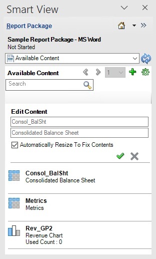 Pannello Contenuto disponibile con le opzioni per la modifica del nome e della descrizione del contenuto disponibile e con la casella di controllo di ridimensionamento automatico delle colonne