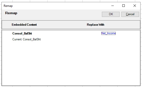 Finestra di dialogo Rimappa con l'intervallo selezionato visualizzato nella colonna Sostituisci con