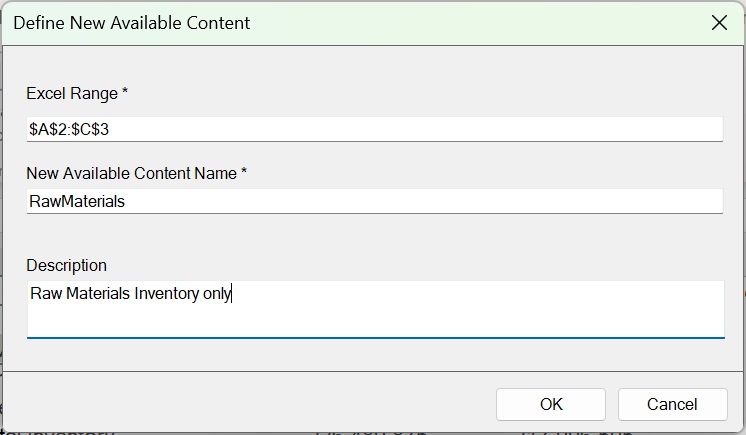 Finestra di dialogo Definizione nuovo contenuto disponibile