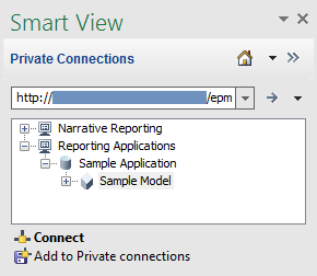 Quando viene stabilita la connessione a Narrative Reporting, il pannello Smart View in Excel visualizza i nodi predefiniti, Narrative Reporting e Applicazioni di reporting; sotto il nodo Applicazioni di reporting si trova il nodo Applicazioni campione e quindi il nodo Modello campione.