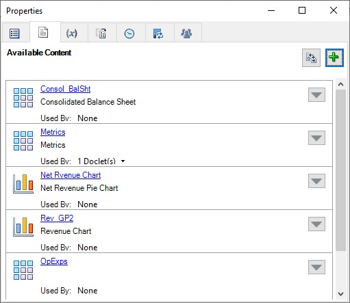 Finestra di dialogo Proprietà con la scheda Contenuto disponibile selezionata; la finestra di dialogo mostra che OpExps è stato aggiunto all'elenco dei contenuti disponibili