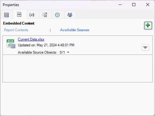 Finestra di dialogo Proprietà, scheda Contenuto incorporato, con l'indicazione del file di riferimento appena registrato con il doclet