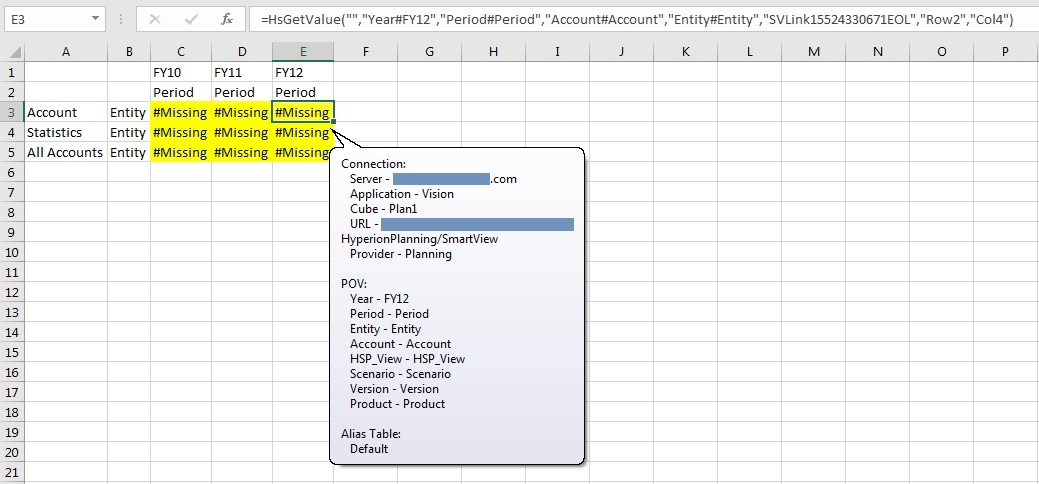 Griglia ad hoc con punti dati incollati. Posizionare il puntatore del mouse su una cella dati per visualizzare le informazioni relative alla connessione e al POV per la cella.