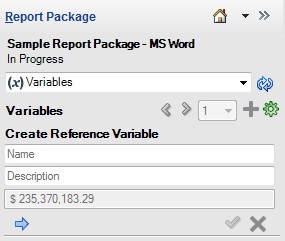 Pannello Package report, in cui ora è visualizzata un'area denominata Crea variabile di riferimento con i campi per il nome, la descrizione e il valore. Il campo relativo al valore riflette il valore della cella dati selezionata quando è stato richiamato il comando Crea variabile di riferimento.