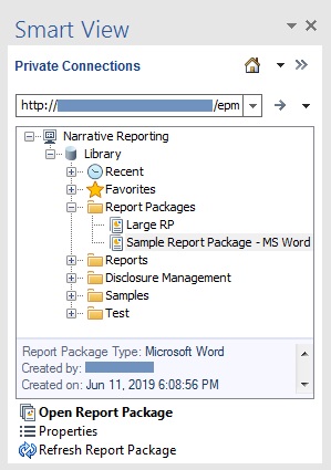 Quando viene stabilita la connessione a Narrative Reporting, il pannello Smart View in Word visualizza le cartelle predefinite: Elementi recenti, Preferiti, Libreria personale, Package report e Applicazione. Il nodo Report Packages è espanso e contiene il package di report Sample Report Package - MS Word.