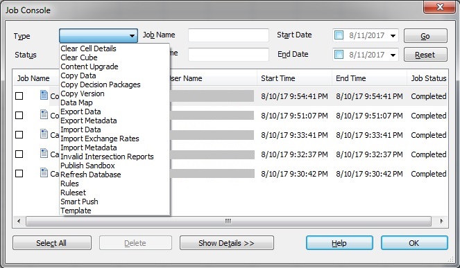 Finestra Console job in cui vengono mostrati tutti i tipi di job disponibili dal menu a discesa Tipo.