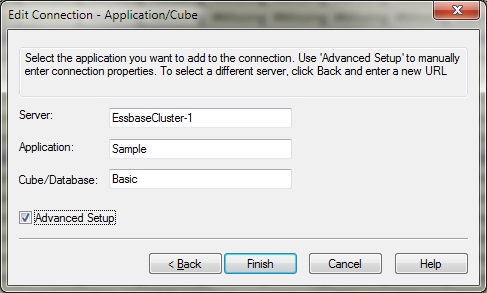Pagina della procedura guidata Modifica connessione - Configurazione avanzata applicazione/cubo in cui sono disponibili i campi Server, Applicazione e Cubo/Database.