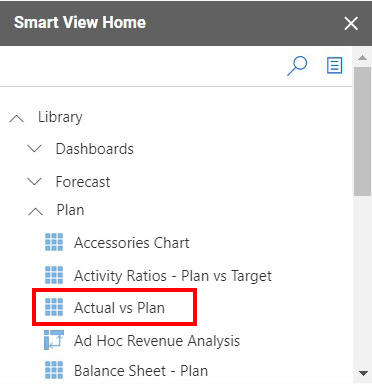 Pannello di Smart View con il form di Planning Effettivo/piano selezionato
