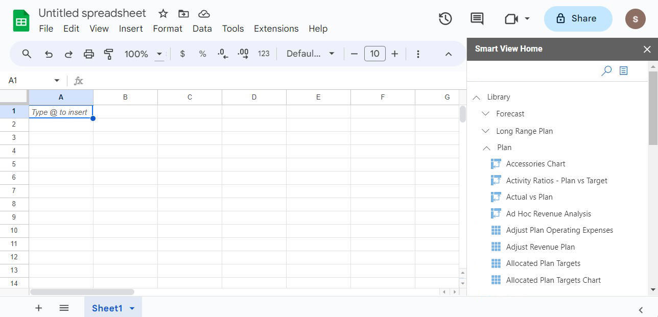 Visualizza il pannello Home page Smart View contenente vari form e griglie ad hoc