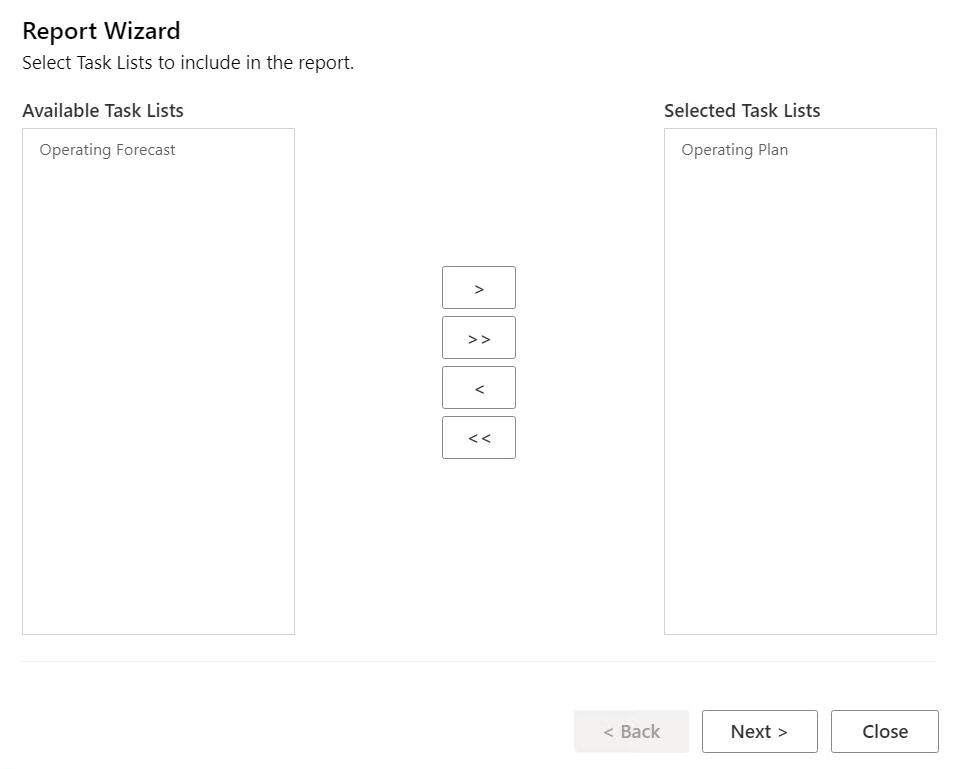 Creazione guidata report, in cui è possibile effettuare una scelta dai report disponibili nel riquadro a sinistra e spostare i report nel riquadro a destra per selezionarli.