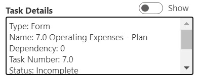 Riquadro Dettagli task del pannello Elenco task che indica, oltre ad altre informazioni, il nome, il numero e lo stato del task.