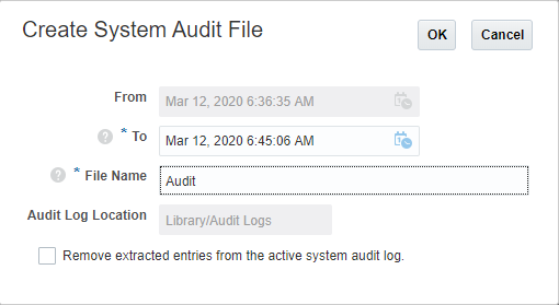 Selezionare gli indicatori orari Da e A per l'intervallo di audit, quindi immettere un nome per il file di audit.