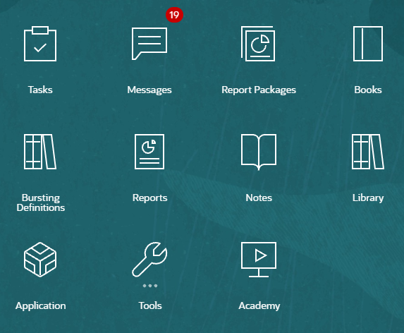 alcune delle aree principali della home page: package di report, task, messaggi, libreria, applicazione e impostazioni