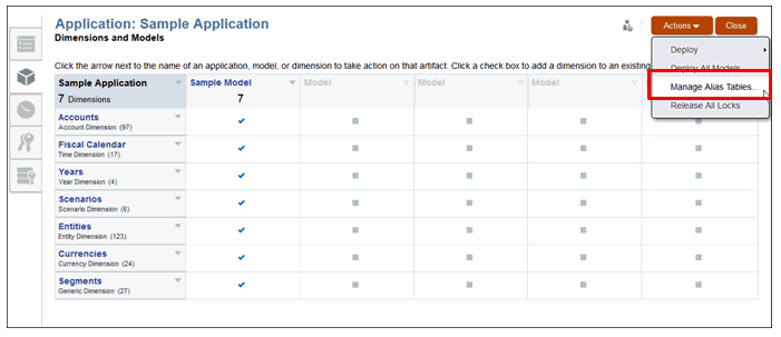 Nella scheda Dimensioni e modelli, selezionare Gestisci tabelle alias.