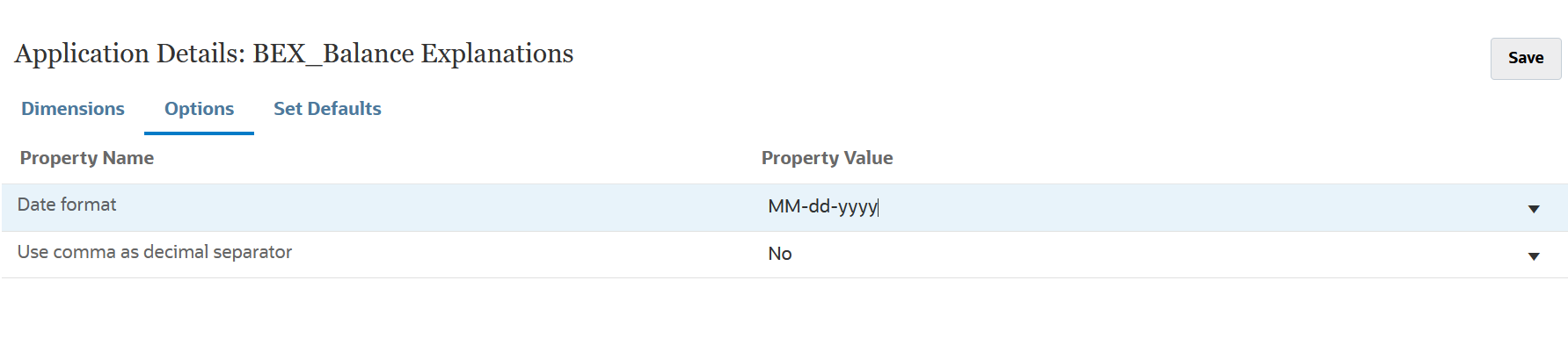 Immagine che mostra la scheda Opzioni della pagina Dettagli applicazione.