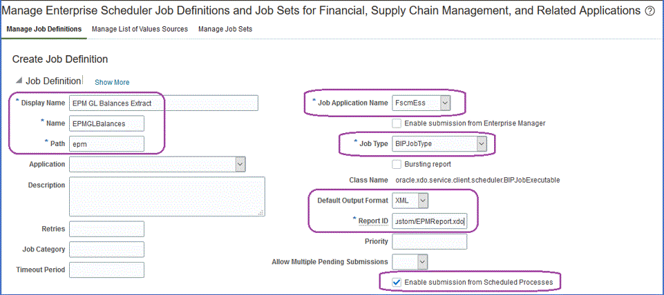 Immagine che mostra la pagina Gestisci definizioni job Enterprise Scheduler e set di job per Financial Management, Supply Chain Management e applicazioni correlate