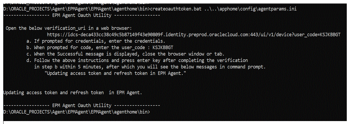 Immagine che mostra i risultati dell'esecuzione del file createauthtoken.bat in un prompt dei comandi