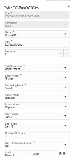 Immagine che mostra il tipo di job Integrazione con Smart Split per la dimensione suddivisa impostata per la suddivisione in base a "Reparto" e il metodo di suddivisione "Gruppo".