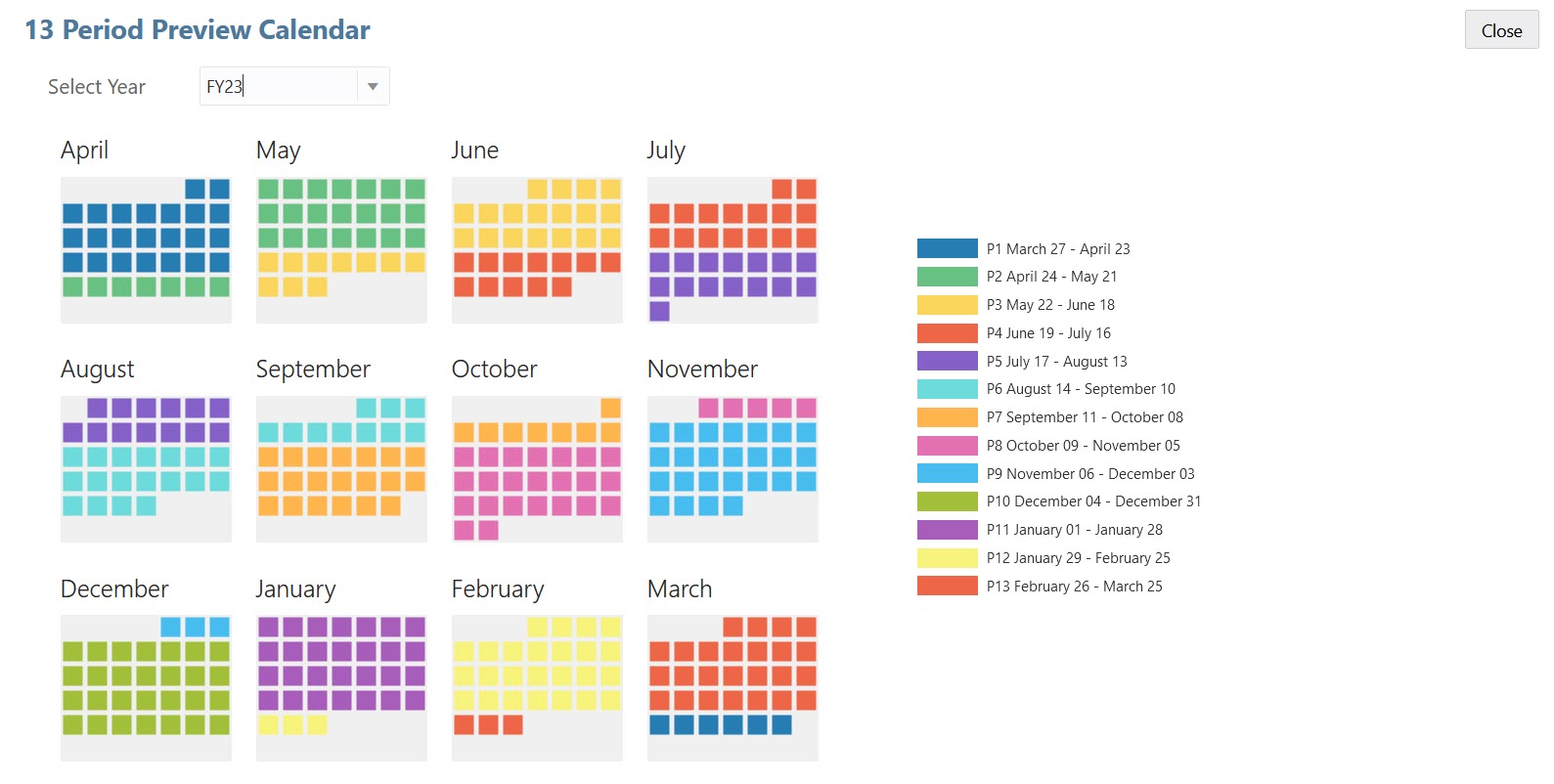 Anteprima calendario di 13 periodi per FY23 per cui è selezionata l'impostazione Anno di calendario precedente