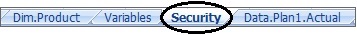 Schede del foglio di lavoro da un template applicazione Excel in esecuzione che mostrano la convenzione di denominazione per il foglio delle autorizzazioni utente "Security".