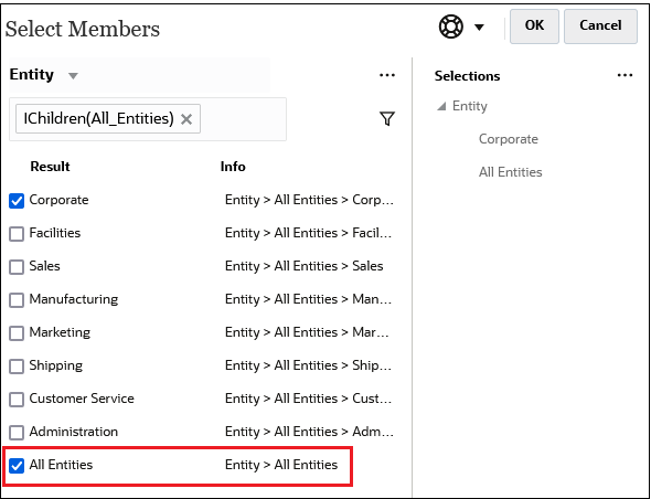 Finestra di dialogo Seleziona membro con i figli del membro All Entities (Tutte le entità) e il membro All Entities (Tutte le entità) visualizzati