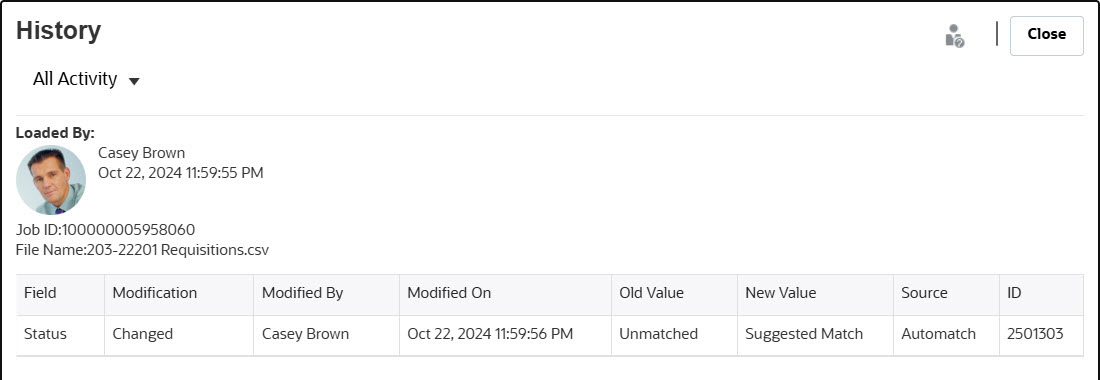 「未照合のトランザクション」からの監査履歴