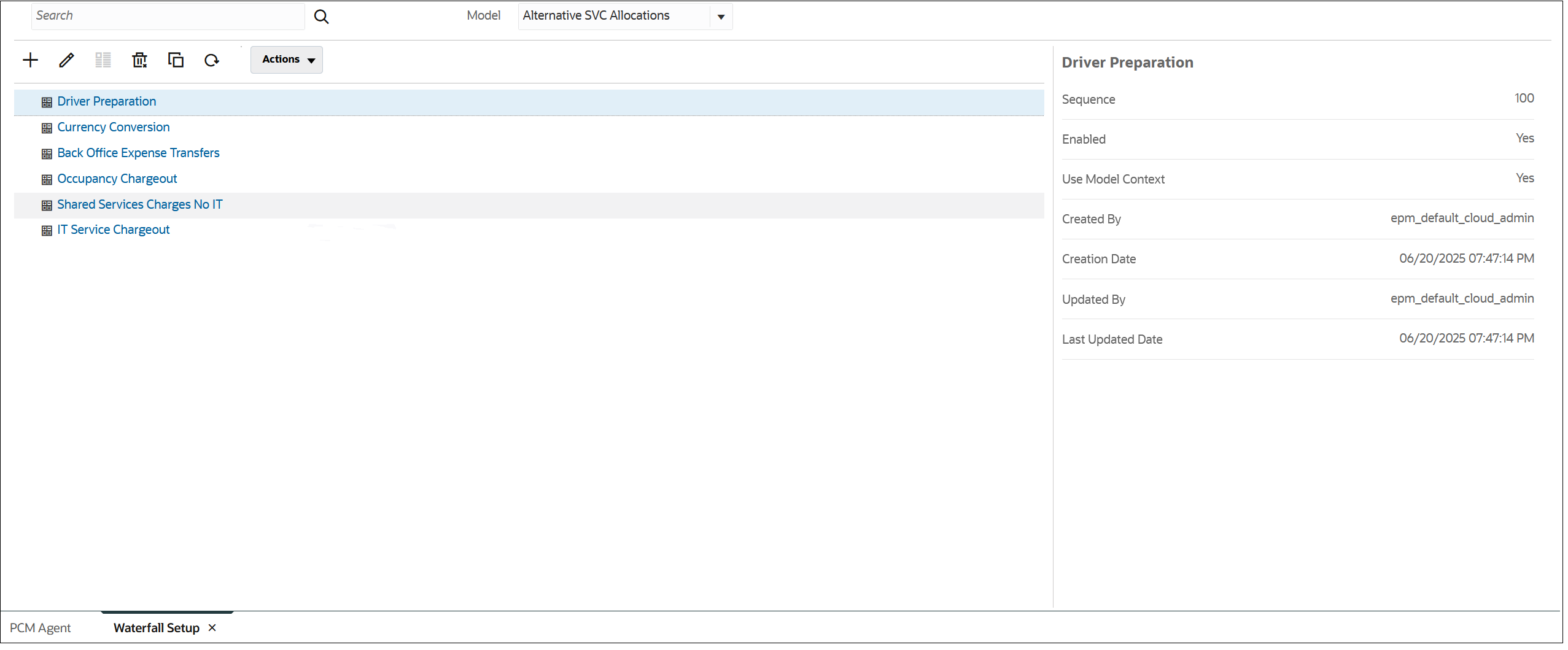 6つの新しいルール・セットが表示されている「ウォーターフォール設定」タブ