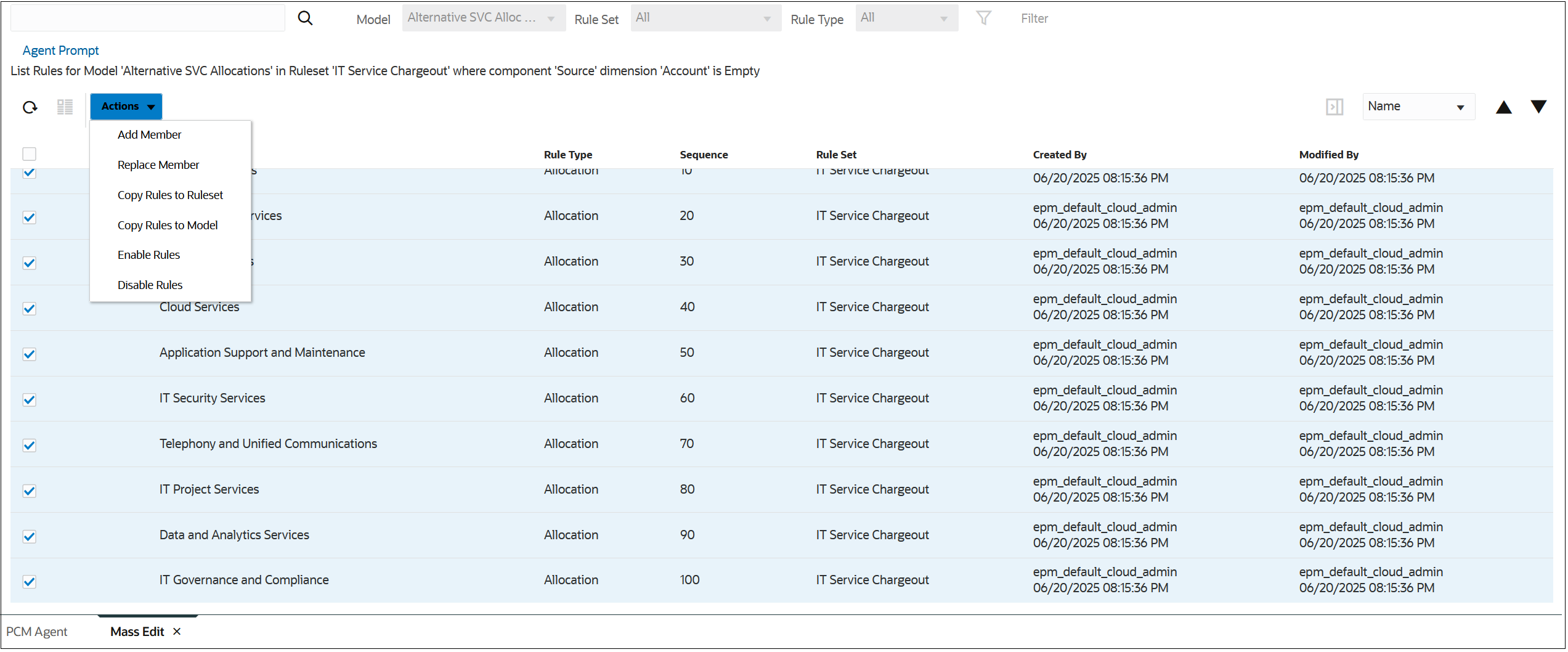 ルールをリストするユーザー要求の結果が表示されている「一括編集」タブ