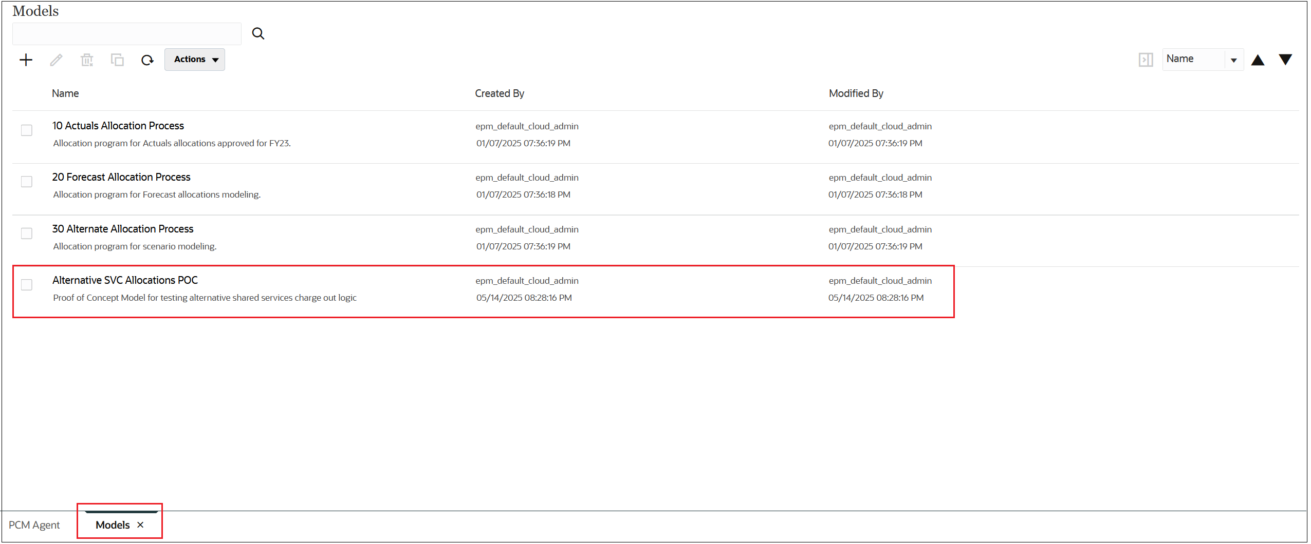 作成したばかりのモデルが表示されているPCMエージェントの「モデル」タブ