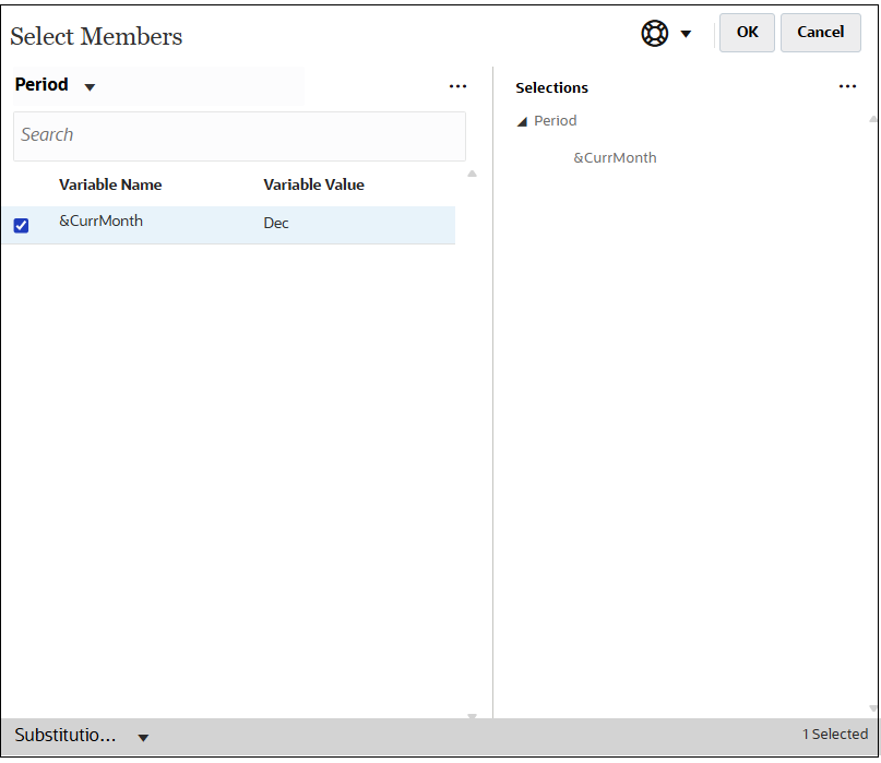 $CurrMonth代替変数が選択されたメンバー・セレクタ