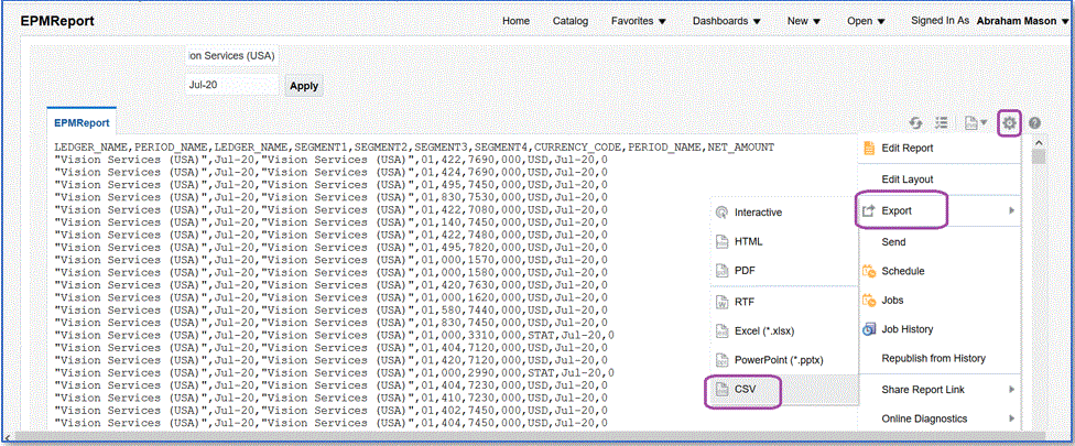 イメージはエクスポートされるBI Publisherレポートを示します。