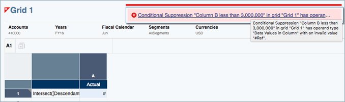 スクリーンショットは、前述の条件のエラーを示しています。グリッド"1"の条件付き抑制"Column B less than 3,000,000"のオペランド・タイプ"{TYPE}"に無効な値"{VALUE}"があります。