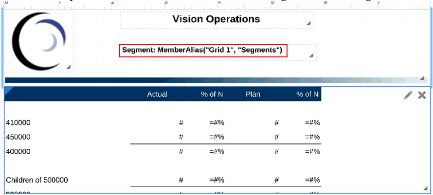 ヘッダーの算式: Segment: MemberAlias("Grid 1", "Segments")を示すスクリーンショット