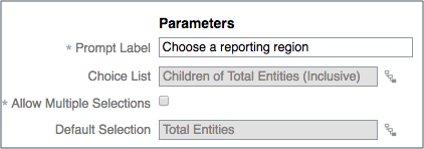 スクリーンショットには、ラベル「Choose a reporting region」およびTotal Entitiesの子(包含)の選択リストがあり、複数選択の許可が無効、デフォルト選択が「Total Entities」であるプロンプトが表示されています。