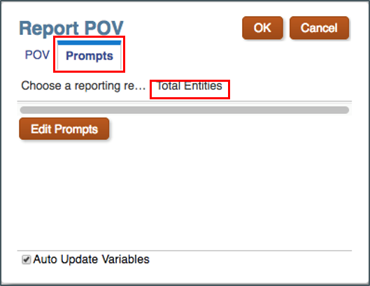 スクリーンショットには、プロンプト・タブが表示され、Total Entitiesが選択されている「レポートPOV」ダイアログ・ボックスが表示されています。
