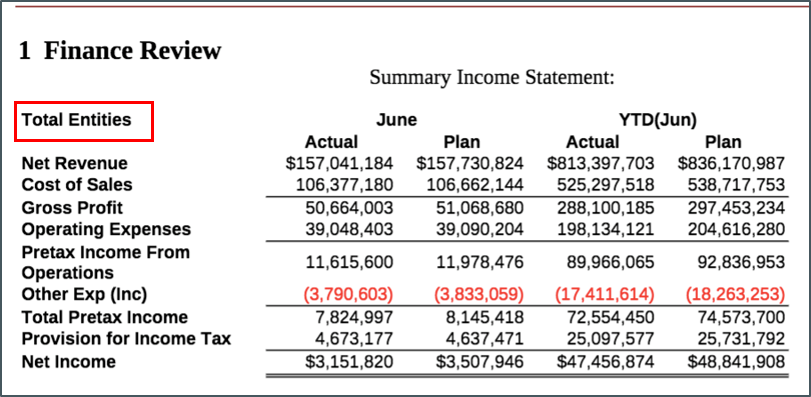 スクリーンショットには、POVにTotal Entitiesを含む、Summary Income Statementのグリッドとしてのプロンプトの出力が表示されています。