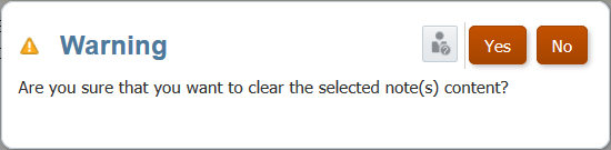 ノート・コンテンツのクリアを要求する「警告」ダイアログ・ボックス