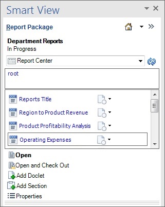 レポート・パッケージ名を表示し、そこに含まれるドックレットをリストしている初期レポート・パッケージ・ウィンドウ。「営業費用」というタイトルのドックレットが選択されています