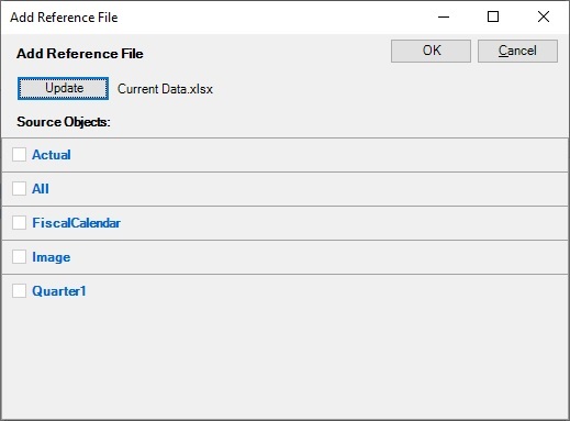 「埋込みコンテンツ・ファイルの追加」ダイアログ・ボックスに、選択された参照ファイルからの名前付き範囲が5つ表示されており、これらは使用可能なコンテンツとしてドックレットに登録できます。