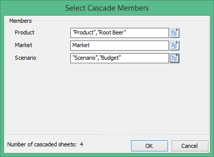 「Product」、「Market」および「Scenario」ディメンションに対して選択されているメンバーと、4つのシートがカスケードされることを示すメッセージが表示されている「カスケード・メンバーの選択」ダイアログ・ボックス。