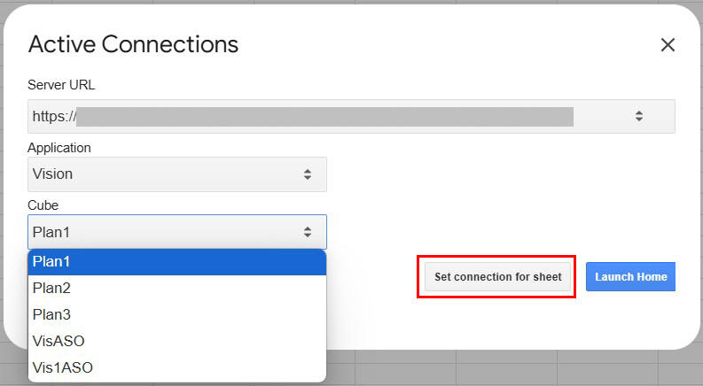 「アクティブ接続」ダイアログ・ボックスの「アプリケーション」フィールドおよび展開された「キューブ」リストが表示されています。