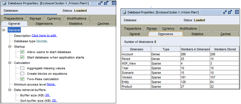 BSOキューブの「データベース・プロパティ」画面の「一般」および「ディメンション」タブのサンプル
