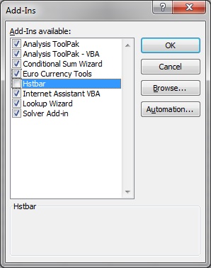「Hstbar」アドインが無効で、他の使用可能なアドインが有効になっている「アドイン」ダイアログ。