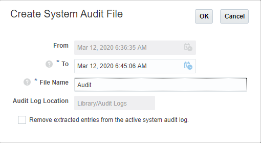 監査の範囲となる「開始」と「終了」のタイムスタンプを選択し、監査ファイルの名前を入力します。